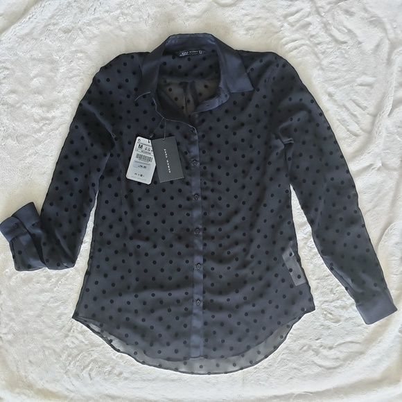Zara Tops - ZARA Sheer Black Polka Dot Long Sleeve Top NWT
